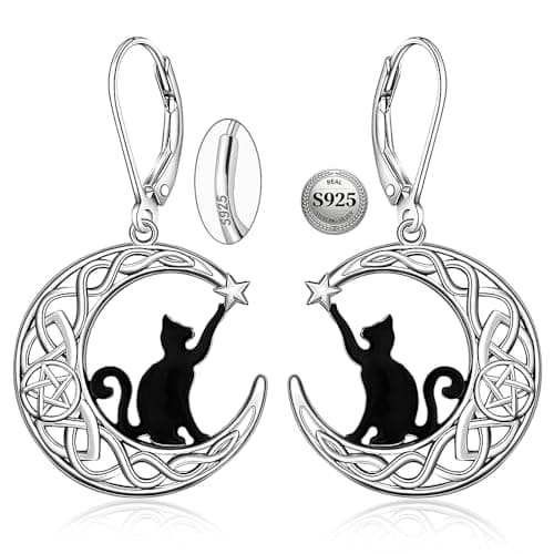 Black Cat Earrings for Women Sterling Silver Leverback Cute Animal Crescent Moon Celtic Knot Dangle Drop Earrings Hypoallergenic Cats Lover Halloween Gifts