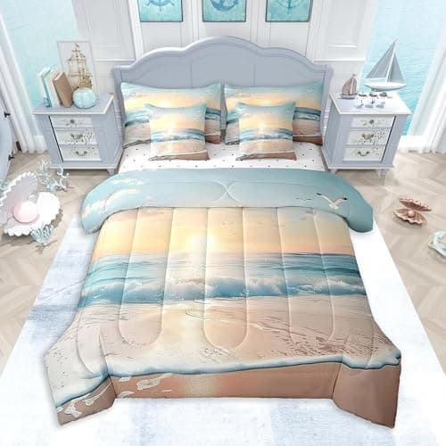 Feelyou Beach Comforter Set 7 Pieces Queen Size Sunset Ocean Sea Seagull Bedding Set for Boys Girls Natural Landscape Bed in a Bag with Comforter, Sheets, Pillowcases & Cushion Covers