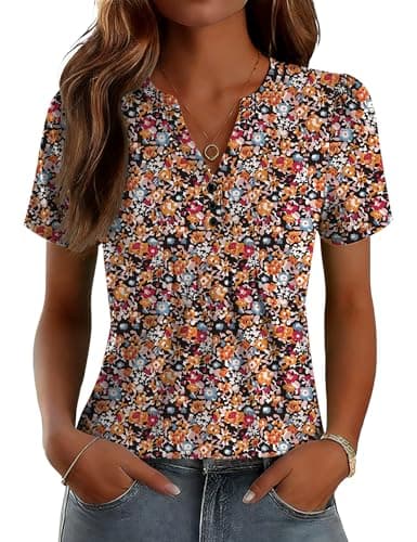 LOMON Soft Floral Shirts for Women V Neck Short Sleeve Dressy Casual Summer Tops Loose Fit Blouse Black Colorful Floral XXL
