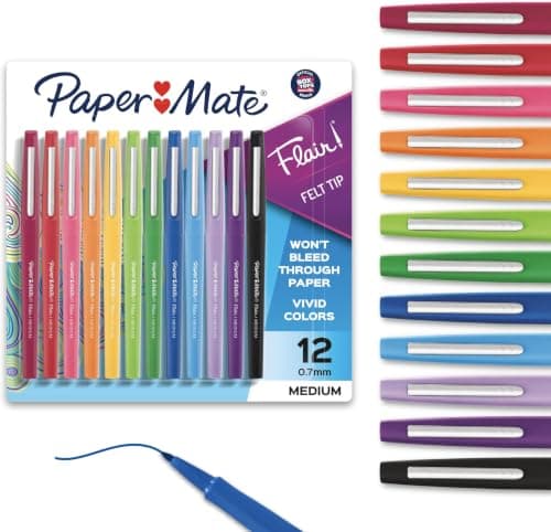 Paper Mate Flair Felt Tip Pens, Medium Point (0.7mm),For Arts & Crafts, Note-Taking, Journaling, School Supplies for Teachers & Students 12 Count (Pack of 12)