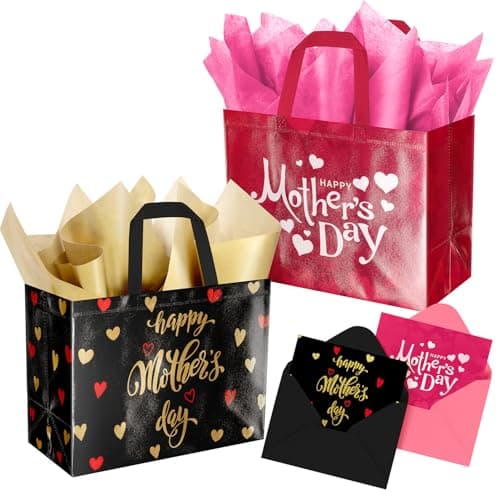 ysmile 2 Pack Mother’s Day Gift Bags with Tissue Paper & Cards – Reusable Non-Woven Gift Totes for Mom, Grandma, Grandmother (12.6", Pink & Black Gold)