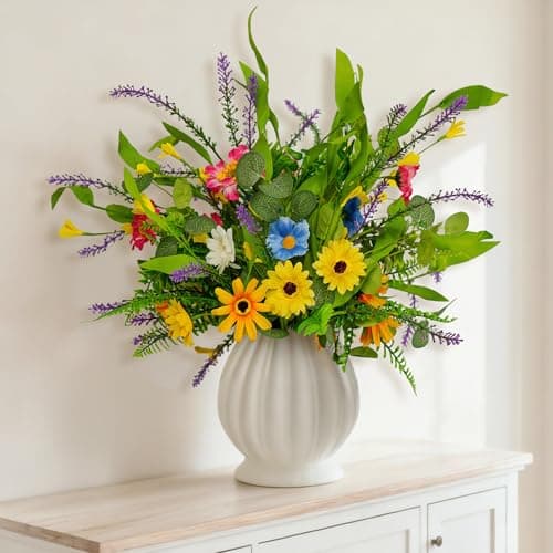 AZXVT Wild Flowers Artificial,Silk Floral Arrangements 6-Pack Fake Wildflower Spring Decoration for Home Tables Indoor Vase Kitchen Party Wildflowers with Faux Sunflowers Eucalyptus Stems(Summer)