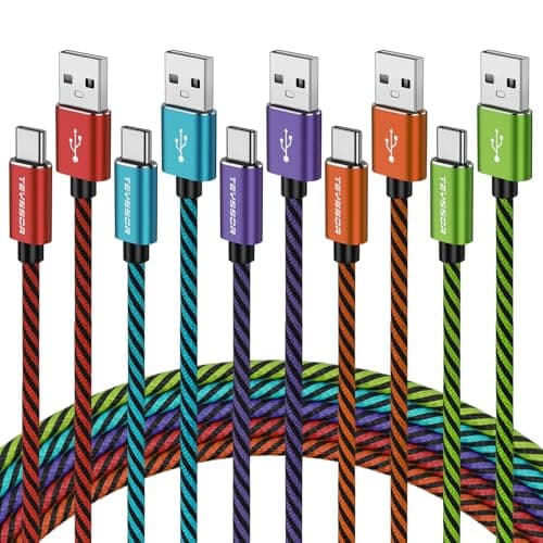 Teyssor USB C Cable 10FT 5-Pack Nylon Braided USB A to Type C Fast Charging Cord Compatible with Samsung Galaxy S24 S23 S22, Note 20 10 9 8, Moto G7 G8