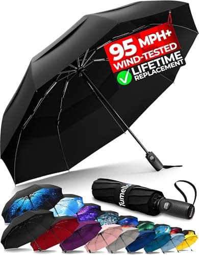 TUMELLA Strongest Windproof Travel Umbrella (Compact, Superior & Beautiful), Small, Wind-Tested, Light & Portable, Automatic Folding Rain Umbrella, Durable, Premium Grip, Fits Car & Backpack