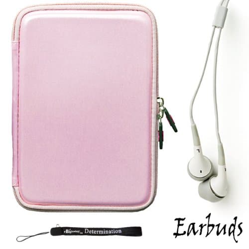 eBigValue Pink Smooth Carbon Fiber Durable Slim Protective Eva Storage Cover Cube Carrying Case with Mesh Pocket for Kindle Fire Full Color 7 inch, Wi Fi and an Hand Strap Key Chain and Earbuds