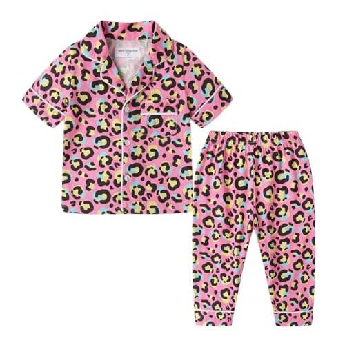 Mud Kingdom Summer Pajamas Set for Little Girls Button Down V-Neck Shirt and Pants Soft 2-Piece Loungewear Leopard Print Size 6