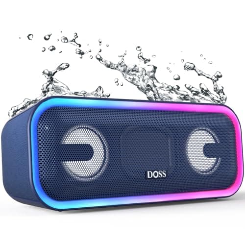 DOSS SoundBox Pro+ Bluetooth Speaker, Immersive 24W Stereo Sound with Booming Bass, IPX6 Waterproof, 15H Playtime, Mixed Colors Lights, Wireless for Backyard, Hiking, Garage, Party-Blue