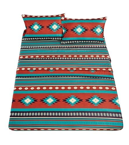 Chezmoi Collection Prescott 4-Piece Southwestern Microfiber Sheet Set, Printed Geometric Tribal Multicolor Red Teal Beige Bed Sheets, King Size