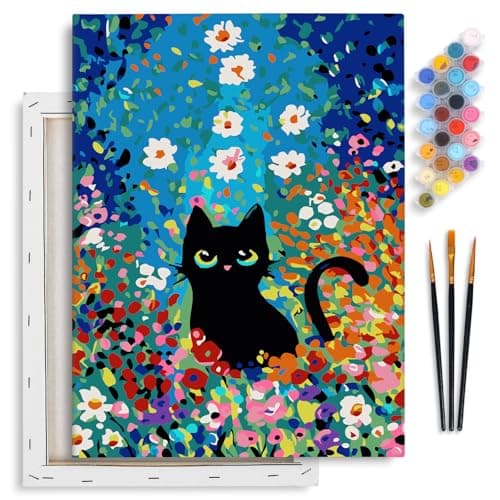 Fountor 12” W x 16”L Framed Paint by Numbers Kit for Adults Beginner, Black Cat Adult Paint by Number Kits on Canvas, Cat Flowers Acrylic Painting by Numbers for Home Decor Gift