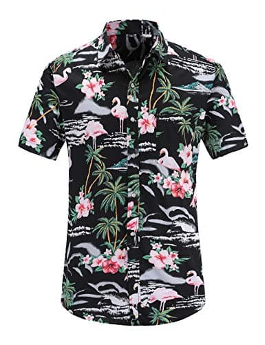 Dioufond Mens Hawaiian Shirts Short Sleeve Aloha Hawaii Tropical Shirt Black Flamingo L
