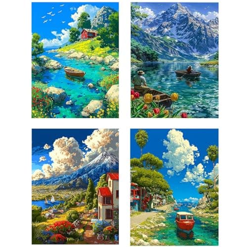 DOTSOPS 4 Pcs Landscape Diamond Painting Kits for Adults Round Full Drill