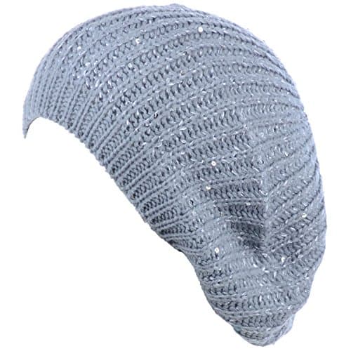 BYOS Women's Cute Subtle Sparkly Sequin Cable Knitted Crochet Beret Beanie Hat,Mid-Weight Lightweight (Silver)