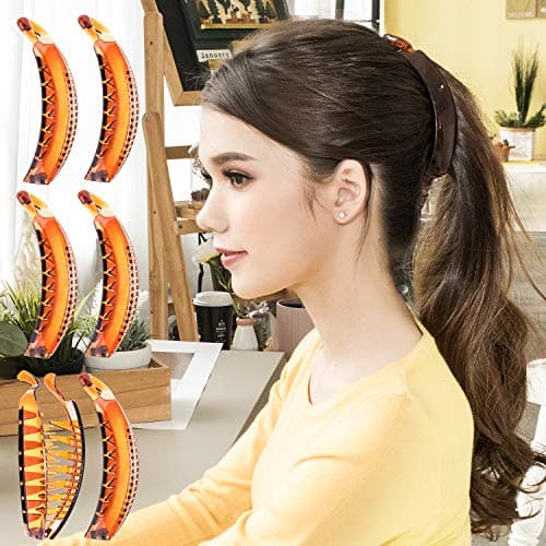 RC ROCHE ORNAMENT 6 Pcs Banana Hair Clips for Women Thick Hair Strong Hold No Slip Ponytail Holder Interlocking Teeth Clamps, Large Brown