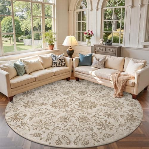 jinchan 8ft Washable Round Area Rug, Vintage Floral Non-Slip, Taupe
