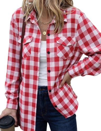 Zeagoo Women Blouses Long Sleeve Plaid Shirt Red Button Down Flannel Jacket