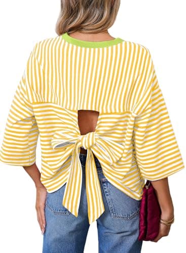 Dokotoo Shirts for Women 2026 Summer Casual Striped Tshirts Colorblock Short Sleeves Tops Fashion Crewneck Backless Workout Spring Clothes Yellow Large