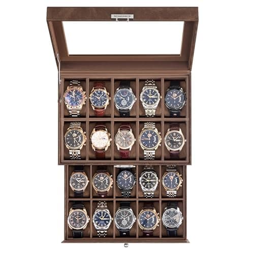 SONGMICS Watch Box, 20-Slot Watch Case Organizer with Large Glass Lid, Removable Pillows, Metal Lock, Gift for Loved Ones, Coffee Brown Synthetic Leather, Coffee Brown Lining UJWB020KZ02S