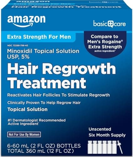 Amazon Basic Care Minoxidil Topical Solution USP, 5 Percent, Hair Regrowth Treatment for Men, Extra Strength, 12 Fluid Ounces