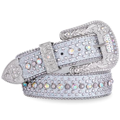 FIORETTO Men Women Rhinestone Belt Western Studded Leather Belt Shine Crystal Bling Diamond Cowgirl Cowboy Waist Belt for Jeans Pants Silver