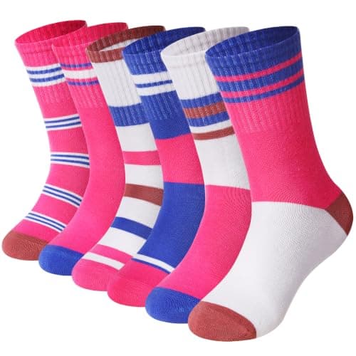 Eyean Girls Athletic Crew Socks Kids Cotton Cute Breathable Dress Socks 6 Pairs (3-5 Years,Striped C)