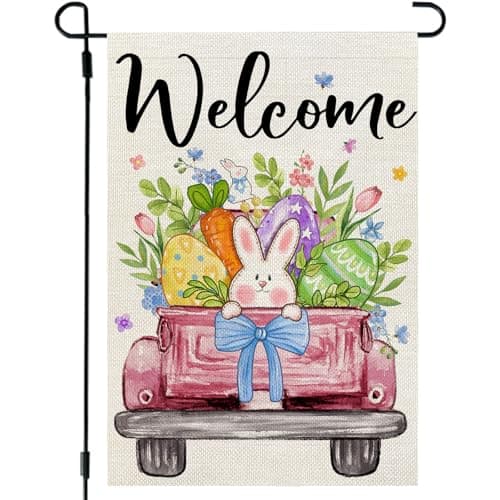 CROWNED BEAUTY Easter Garden Flag Eggs Bunny Truck 12x18 Inch Double Sided Holiday Decoration for Outdoor Lawn Yard