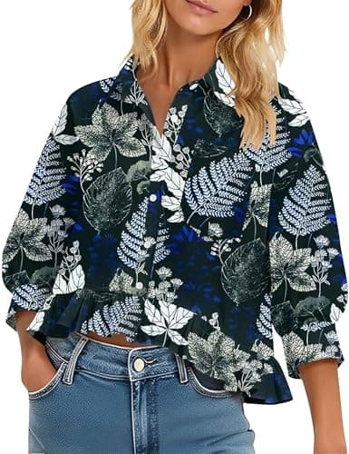 LOMON Button Down Blouses for Women Dressy Casual 3/4 Sleeve Cropped Shirts Collared Summer Ruffle Babydoll Tops Black Print S