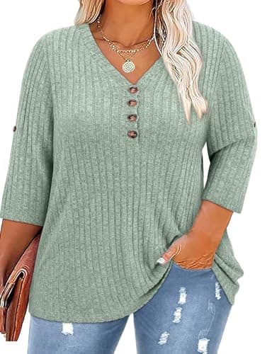 Koscacy Women Plus Size Casual Knit Sweater V Neck Solid Color Tops Lightweight 3/4 Roll Sleeve Blouses Light Green 1XL