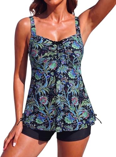 Hilor Womens Tummy Control Swimwear Plus Size Flowy Swimsuits with Shorts Vintage Two Piece Bathing Suits Black&Green Floral 16