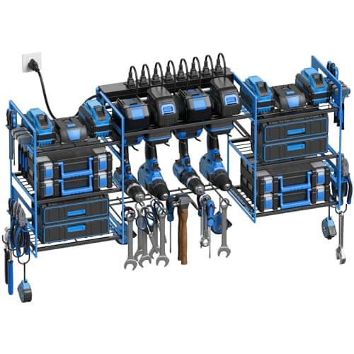 CCCEI Blue Power Tool Organizer Wall Mount, Large Tools and Battery Storage Rack Charging Station Individual Switches. Drills Holder, Garage Utility Shelves with 6FT Power Strip. Gift for Men.