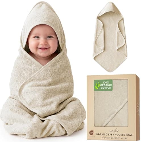 infancie 100% Organic Cotton Plush Woven Hooded Baby Bath Towels - Soft and Absorbent 31x31 Inches for Newborns and Kids, Hooded Baby Towels, Premium Infant Towels (Ivory)