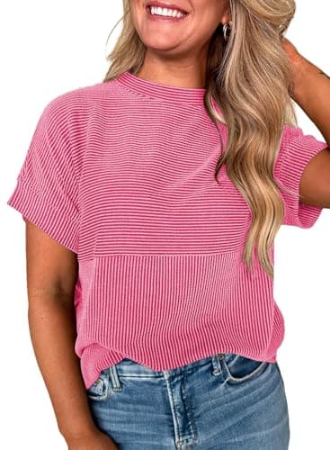 EVALESS Short Sleeve Shirts for Women Trendy Teacher Outfits Ribbed Knit Striped Womens Tops Casual Spring Summer Tops Cute Crewneck Loose Fit Patchwork T Shirts Bright Pink Medium
