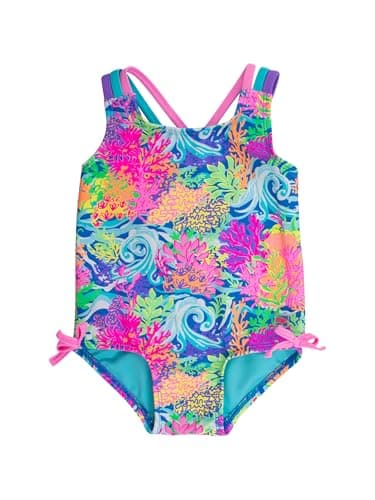 RuffleButts Girls UPF50+ Sun Protection Tie Shoulder/Cross Back One Piece Swimsuit - Neon Ocean Coral, 3-6m