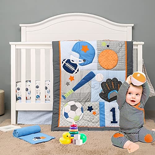 Brandream Sport Baby Crib Bedding Sets - No.1 Champ Ball Theme Boys Nursery Set | 3-Piece Nursery Set | Baby Quilt, Fitted Crib Sheet, Dust Ruffled Included - Blue & Grey