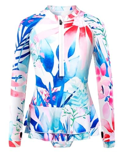Girls Long Sleeve One Piece Swimsuit UV UPF 50+ Sun Protection Zip Bathing Suit 11 12 Years Swimdress