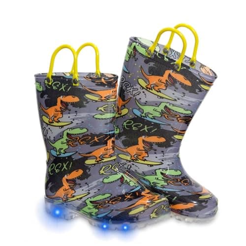 FUNCOO PLUS Toddler Kids Rain Boots Boys Girls Light Up Waterproof Boot with Handles, Toddler Size 5, Dinosaur on skateboard