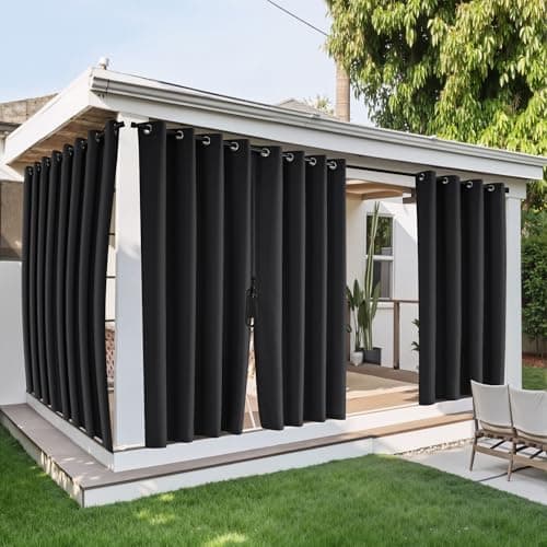 NICETOWN Canvas Outdoor Curtains for Paito Zipper Connects 2 Panels, Black, W54 x L84 per Panel - Waterproof & Windproof Sun Shades Grommet Top & Back Tab Bottom with Free Rope for Gazebo, Porch