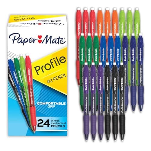 Paper Mate Profile Mechanical Pencils, 0.7 mm, HB #2 Lead, 8 Assorted Barrel Colors, 24 Count - Comfortable Grip, Erases Easily