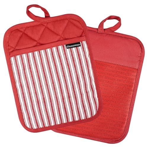 Homewear Marlow Silicone Pot Holder 2 Piece Set, Heat and Slip Resistant, Recycled Cotton Pocket, Thick Cooking and Baking Trivet, Red