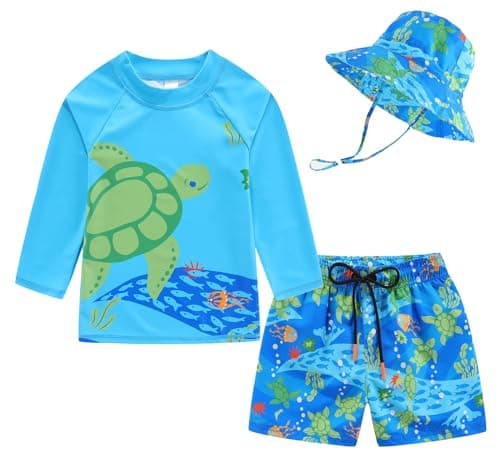Toddlers and Baby Boys' 3-Piece Swimsuit Trunk Rashguard Set and Sun Hat Swimwear Bathing Suit Sunsuit Swim Shirt UPF 50+ Turtles 4-5T