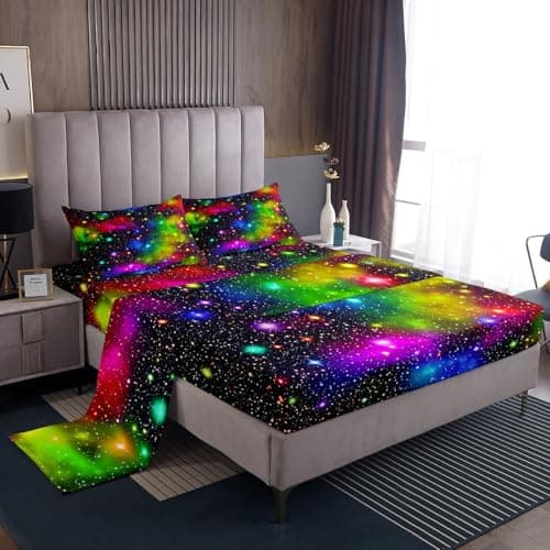 Feelyou Rainbow Galaxy Bed Sheet King Size Out Space Bedding Colorful Nebula Universe Deep Pockets Sheet Set 4 Pcs - 1 Falt& 1 Fitted Sheets with 2 Pillow Shams