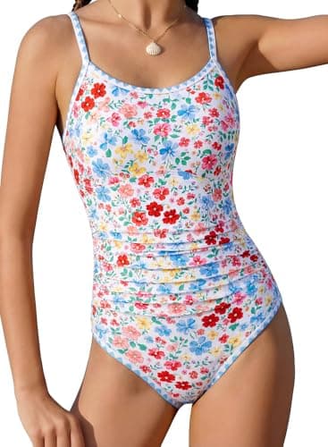 XiaoMoSha Girls One Piece Swimsuits Teen Bathing Suit Quick Dry Summer Beach Swimwear Adjustable Straps Color Contrast Trim Beachwear for Little Girl Size 6 7 Colorful Flowers