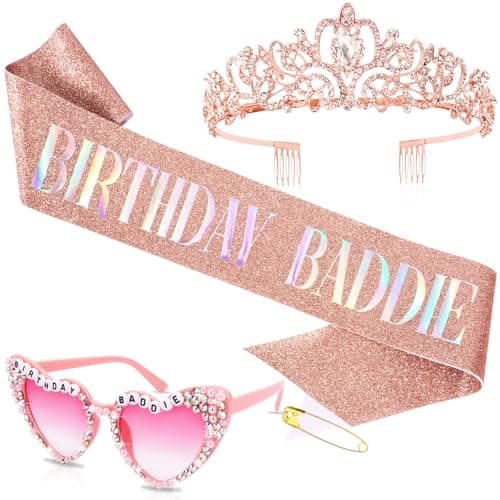 Hapdoo Happy Birthday Decorations Set - Rose Gold Birthday Sash & Sunglasses & Crown for Women, Funny Party Sunpplies for Adults, Style A