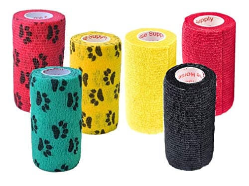 Prairie Horse Supply 3 Inch Vet Wrap Tape Bulk (Red, Yellow, Black and Black Paw Prints on Yellow, Red, Teal) (Pack of 6) Self Adhesive Adherent Adhering Flex Bandage Grip Roll for Dog Cat Pet