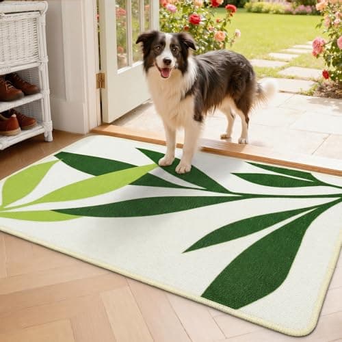 Front Door Mat 2x3 - Green Leaf Pattern Non-Slip Washable Entry Rug, Minimalist Beige Indoor Outdoor Low-Pile Doormat, Soft Thin Floral Leaf Throw Rug for Entryway Kitchen Front Porch Décor