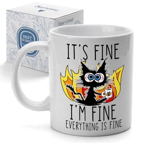 Palasarkaaa Funny Everything Is Fine Cat Coffee Mug 11 oz Gifts for Cat Lover Women Men, Black Cat Dumpster Fire Mug for Coworkers, Travel Mugs, Tea Cups for Pet Lovers Work Bestie