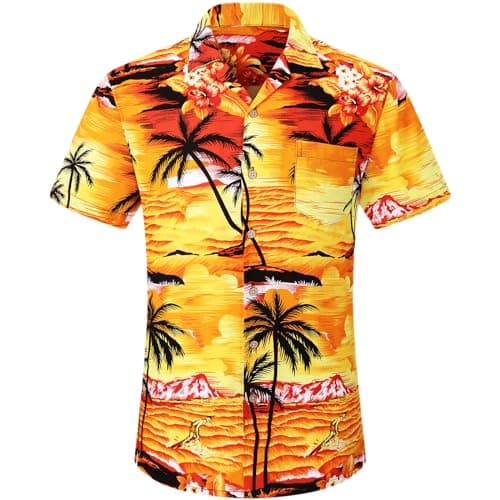 DOKKIA Men's Casual Tropical Floral Short Sleeve Luau Beach Aloha Hawaiian Shirt Orange Surf Wave Palm Volcano Medium