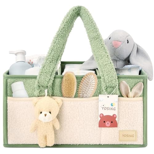 YOSING Diaper Caddy Organizer with 13 Pockets & Removable Dividers - Portable Baby Storage Basket for Nursery, Car Travel & Newborn Essentials, Green+ White