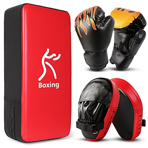 Odoland 3-in-1 Kids Youth Boxing Set - Punching Mitts, Kick Pads, Gloves for Boxing, Kickboxing, Karate, Muay Thai, MMA Training