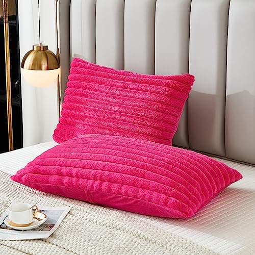 Uhamho Bed Pillowcase Standard Set of 2 Striped Faux Rabbit Fur and Velvet Back Rectangle Lumbar Pillow Covers Shams Modern Home Decorative (Hot Pink, 20 x 26 Inch)