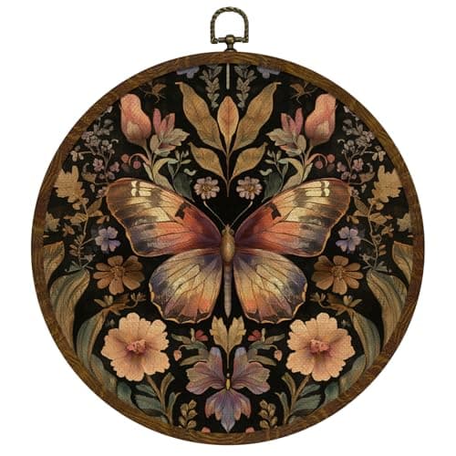 Vintage Floral and Butterfly Wall Art,Canvas Print with Butterfly Design, Retro Hanging Round Wall Decor with Frame,Farmhouse Decor for Bedroom, Living Room, or Office10x10in (Colorful-butterfly06)